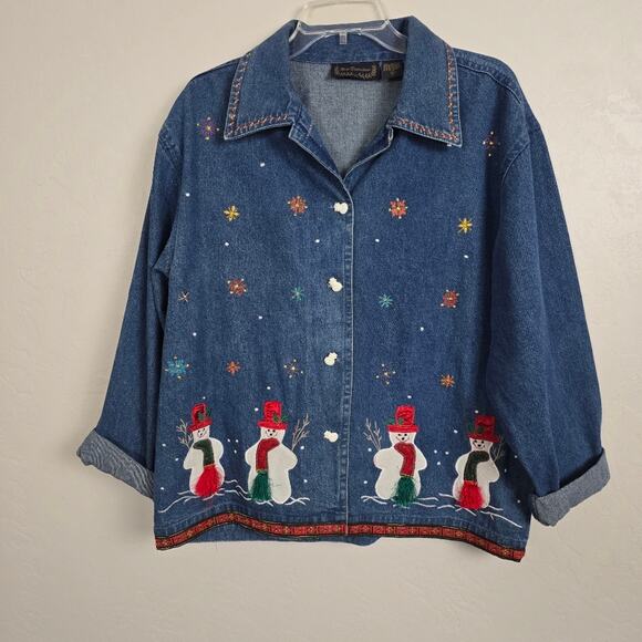 New Directions Blue Denim  Jacket Shirt Snowman Shacket Christmas Embroidery L - Picture 13 of 14